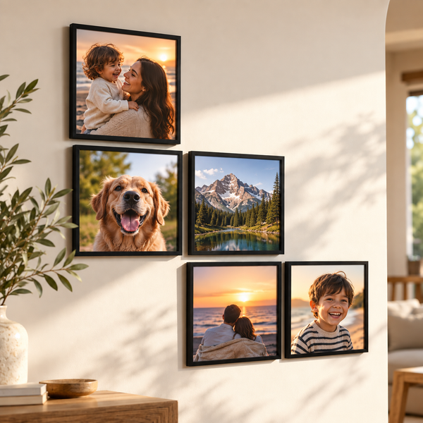 Pack 5 cuadros de 20x20 cm, con adhesivos y foto impresa (Promo Aniversario)