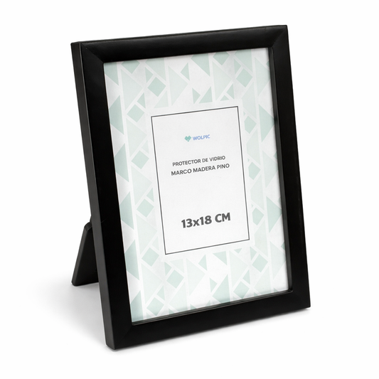 Portarretrato de 13x18 cm marco de madera pino (blanco o negro), con vidrio, tapa y parante rígido